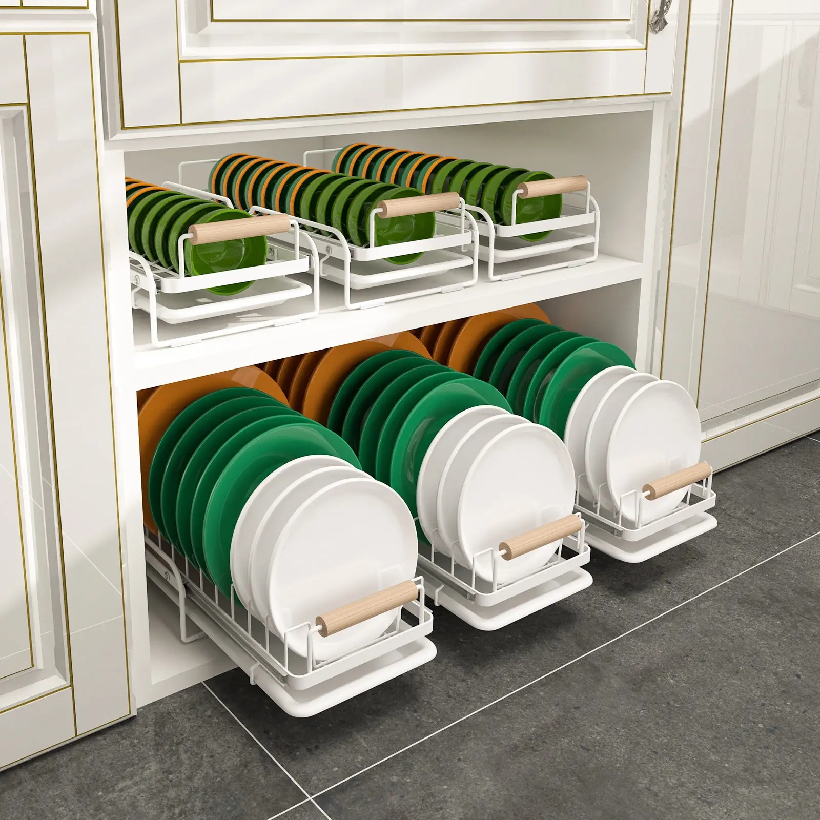 Kitchen Bowl Dish Rack Track No Drilling Pull-Out Basket Storage Shelf Cabinet Organizer Utensil Plate Drainage Holder Kitchen Organization