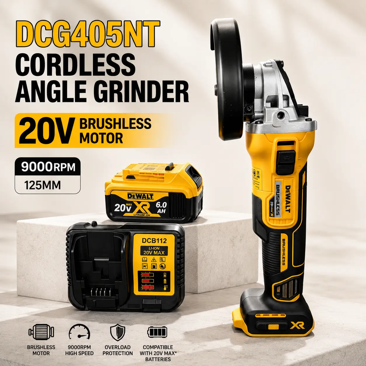 Dewalt DCG405NT 18V Brushless Angle Grinder - Compact and Cordless, Ideal for DIY Projects and Tight Space Access