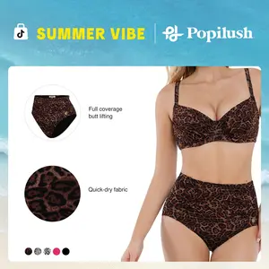Popilush Shapewear Ruched Tummy Control Bikini Bra & Underwear Swimwear Beachwear Leopard Print Fashion Beach Outfits