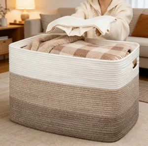 Large Blanket Basket, 21”X16”X12” Rectangle Woven Baskets Living Room Blanket Storage, With Handle Pillows, Blanket Organizing Area Dedicated Gradient Yellow Large Capacity Storage Basket Mother's Day gift outdoorfun
