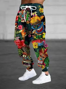 Comic style 3D torch pattern print men's sweatpants drawstring pocket