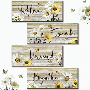 4 count Farmhouse Yellow Bathroom Wall Decor Yellow Daisy Floral  and Butterfly Wall Art Relax Soak Unwind Breathe Rustic  Plaque for Kitchen Home Bedroom(10 x 4 Inch)