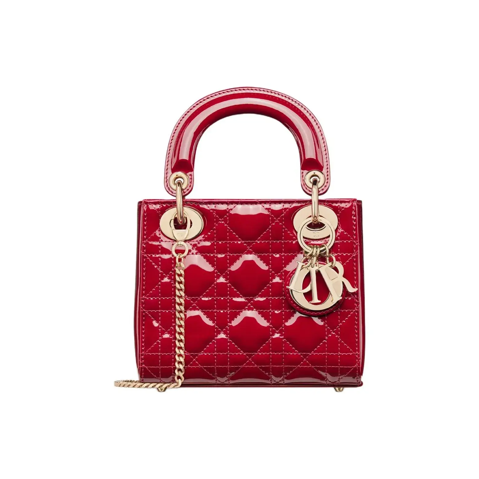 Pre-owned Dior calfskin Shoulder Bags Mini Lady Bag in Cherry Red Patent Cannage with Removable Gold Metal Chain Strap