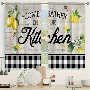 [Rustic Curtains] 2pcs Rustic Polyester Curtains |   Lemon & Bee Design with Wood Grain Accents, Pole Pocket, Light-Filtering for Kitchen, Bedroom, Office, Living Room - Machine Washable high ceiling decor set inganchos custom drapery panel doble layer