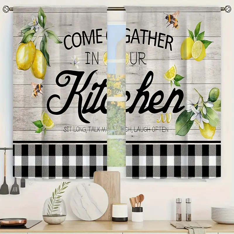 [Farmhouse Rustic Curtains] 2pcs Polyester Pole Pocket Curtains for Bedroom - Lemon & Bee Design with Wood Grain Accents, Light-Filtering, Machine Washable High Ceiling Decor, Custom Drapery Panels, Farmhouse Curtains