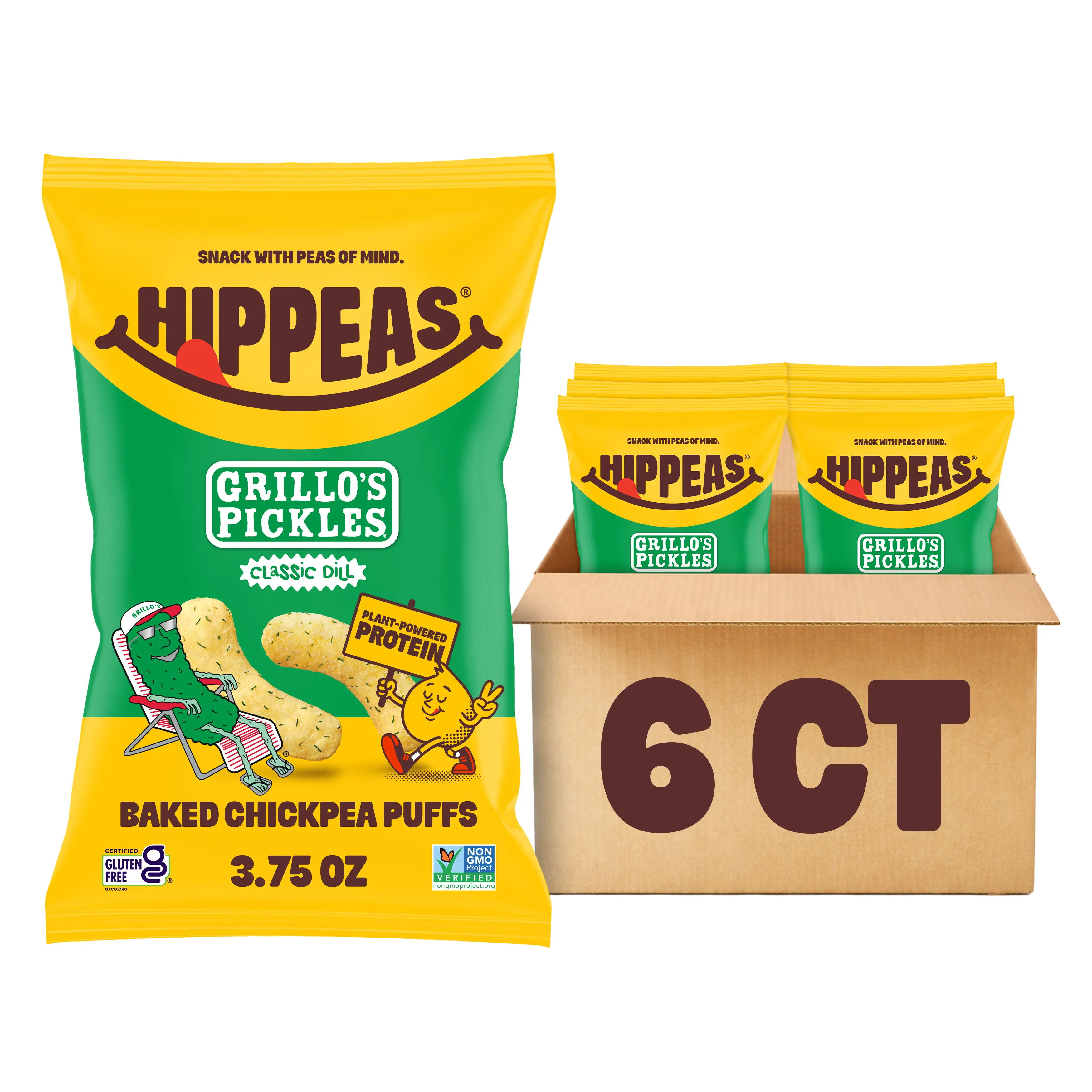 HIPPEAS x Grillo's Dill Pickle - Baked Chickpea Puffs - 3.75 Ounce (Pack of 6), Gluten Free Snacks, Dairy Free, Vegan, Crunchy, Nutritious, Baked Plant Protein Snack, Non-GMO, Kosher