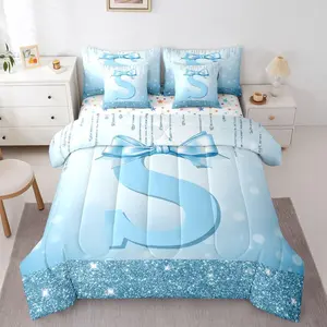 Kids Blue Bowknot 7 Pieces Bedding Set for Teens Girls Princess Initial Comforter Set with Sheets Monogrammed Glitter Bow Bed in A Bag Personalized Alphabet Bed Set,Gifts