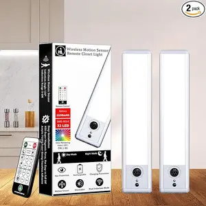 HL cabinet lights, 32 LEDs, rechargeable battery powered with motion sensor, wireless indoor lighting, magnetic strip, remote control, dimmable under-cabinet light suitable for kitchens, stairs, and hallways, white, 2-pack