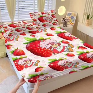 Strawberry Shortcake Purple Dot Fitted Sheet Set, 1 Fitted Sheet + 2 Pillowcases - 3 Pcs Soft Bedding with Deep Pocket, 360° Full Coverage, Wrinkle Free, Cute Strawberry Cartoon Bed Sheets for Girls, Full Size, Decorative Bedsheet Sets
