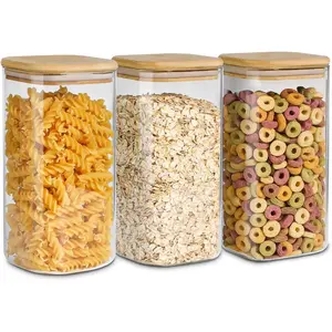 Airtight Glass Storage Canister with Wood Lid (1.6 Qt), Clear Food Storage Container Jar with Sealing Lids for Oat Pasta Flour Cereal Rice Sugar Tea Coffee Beans, Set of 3 Square Cookie Jar