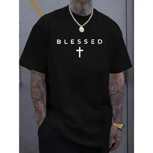 Men'S Casual Crew Neck T-Shirt with Cross & "BLESSED" Letter Print,  Knit Fabric, Regular Fit Short Sleeve Tee for Summer, Comfortable & Versatile Weekend Casual Wear, Everyday Tshirt |         Sleek Black Tee |         Lightweight Fabric
