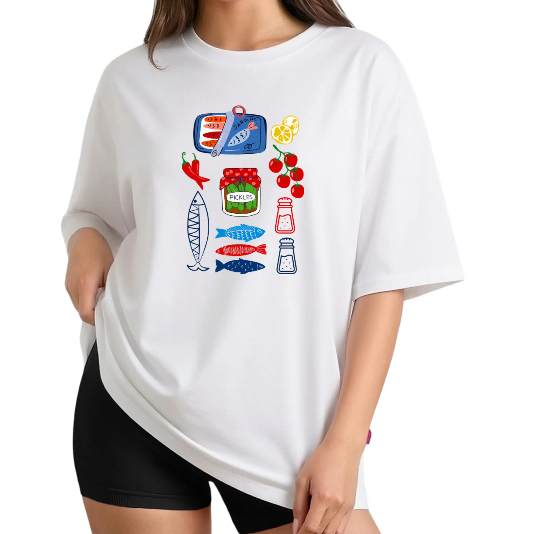 Women's Vintage Sardine Tinned Fish Print Round Neck T-Shirt - Unisex Cotton Oversized Top with Pickles Aesthetic, Simple Fit, Mediterranean Vibe, Casual Short Sleeve for Summer Foodie Style