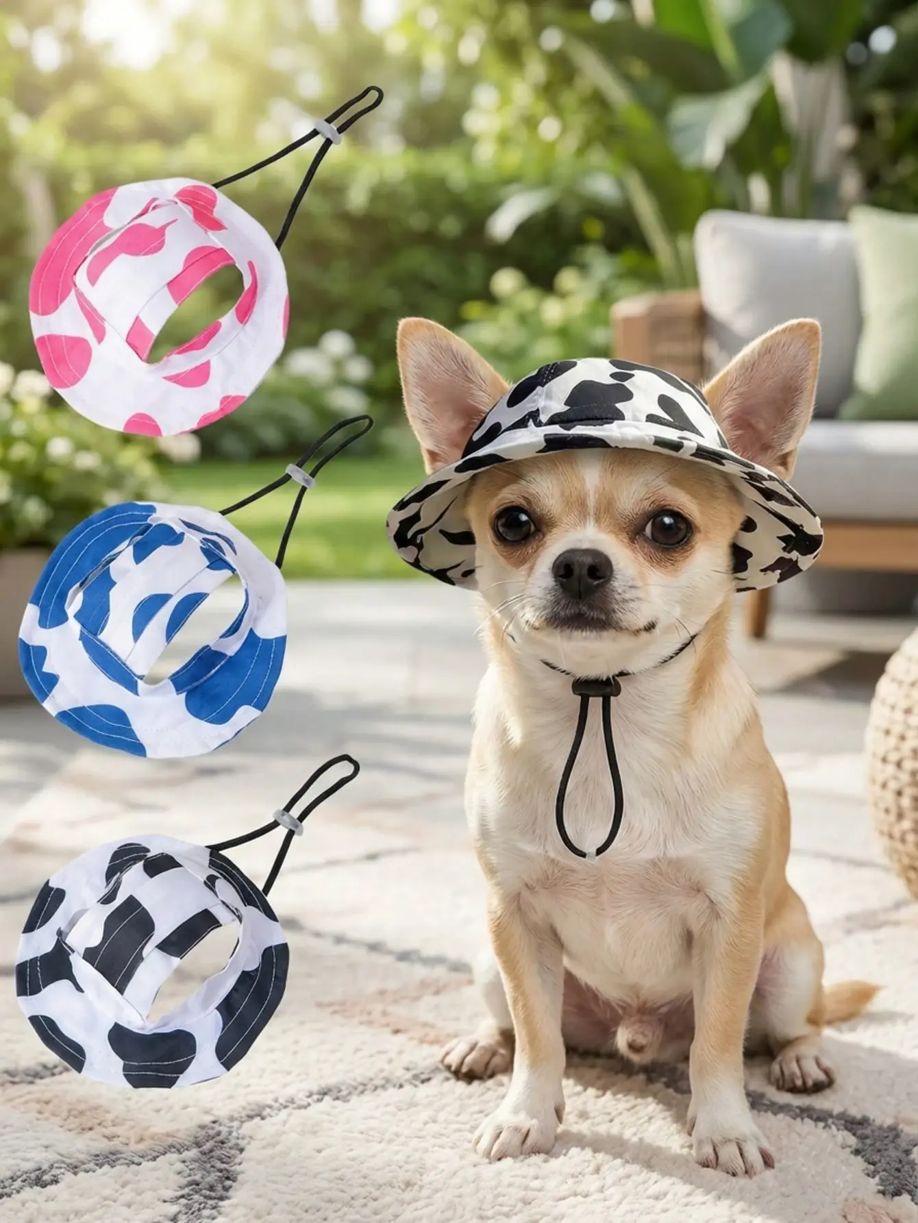 AESS x PETSIN Cow Print Pet Bucket Hat - Ear-Exposed Design, Adjustable Strap, Sun Protection, Multi-Size Photo Prop for Small-Medium-Large Cats & Dogs