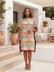 Elegant Geometric Print Shawl Set, Fitted Long Robe with Headscarf, Sun Protection Silk Scarf for Beach, Women's Fashion Accessory