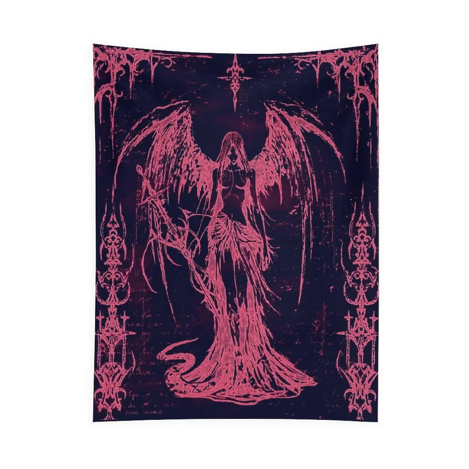 Dark Angel Gothic Wall Tapestry - Pink Fantasy Reaper Art Hanging for Alternative Room Decor, House Decor, Apartment Accessories