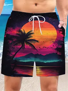 Men's oversized beach shorts, with a loose fit and drawstring design, featuring a vibrant tropical sunset pattern, made of quick-drying material, are perfect for surfing and summer activities, Swimwear Shorts
