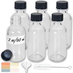 Mini Glass Bottles 2oz with Caps (6 Pack) - Leak Proof Small Shot Bottles for Essential Oils, Travel, Wellness Shots, Liquids (60mL Clear Reusable)