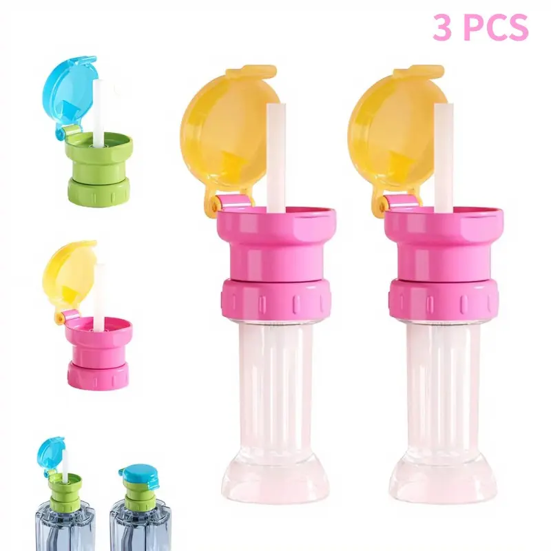 Children's Anti-Spill Water Bottle Cap with Straw Tip & Silicone Straws, Straw and Lid, 3 Pack Reusable BPA Free Beverage Bottle Lids, Travel Drinkware Accessories for Soda & Juice Bottles, Multiple Colors Available.