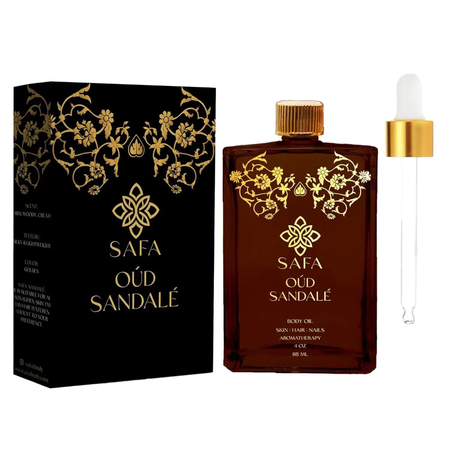 SAFA Oud Sandalé Oil – Organic Oud & Sandalwood Essential Oil for Hair, Body, Face & Nails – Arabian Perfume Oil for Women & Men - Strong & Long Lasting Fragrance 4 Fl Oz