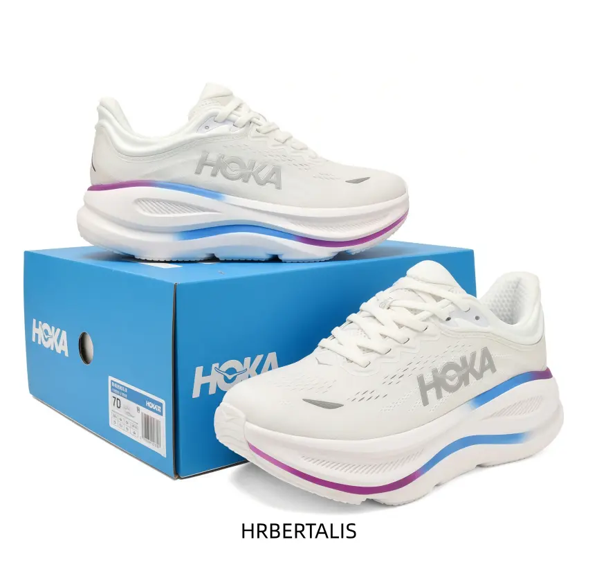 High Cushioning Athletic Trainers, White Knit Mesh Upper, Blue Purple Gradient Sole Accents, Curved Thick Foam Midsole, Non Slip Outsole, Fashion Unisex Jogging Shoes