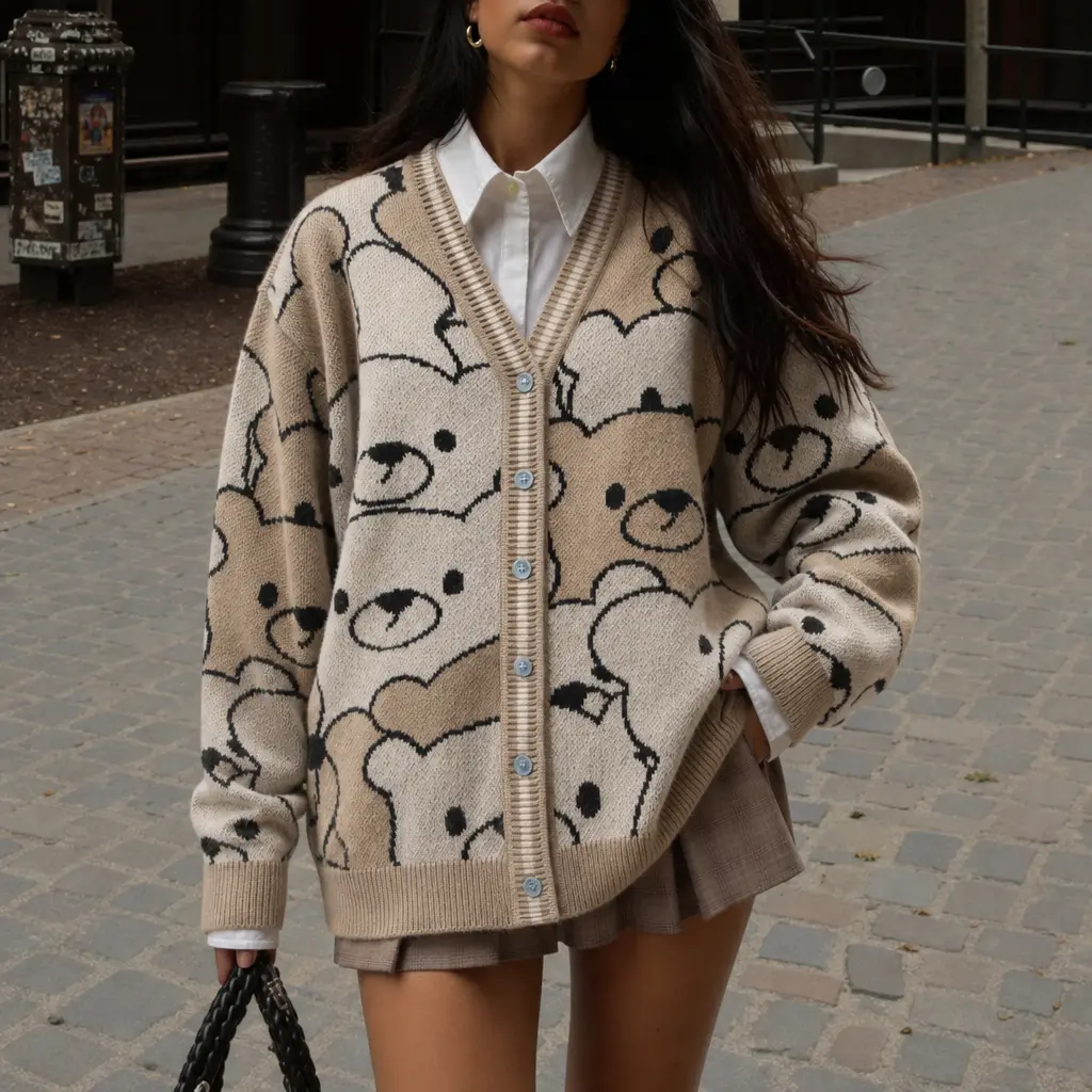 Women’s Cute Bear Print V-Neck Cardigan - Oversized Button Down Knit Sweater. Cozy Y2K Kawaii Graphic Outerwear Top for Fall. Aesthetic Casual Slouchy Streetwear, Versatile Trendy Layering Piece for Daily Outfits.