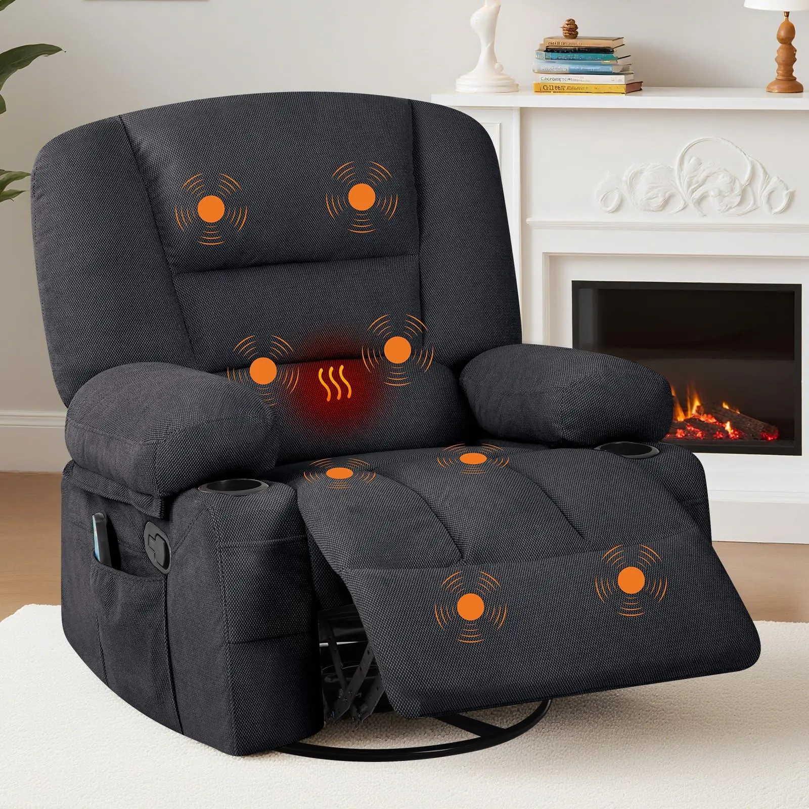 Recliner Chairs for Adults w/Vibration Massage and Heating,360° Swivel Rocker Glider Recliner,Extra Wide Manual Lazy Chair,Chenille Fabric Sofa Chair for Living Room,Bedroom,Black