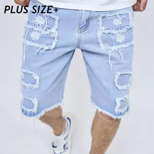 SRETOUU Streetwear Men's Ripped Distressed Summer Denim Shorts Light Blue Cotton Menswear Baggy Jean Shorts PLUS SIZE