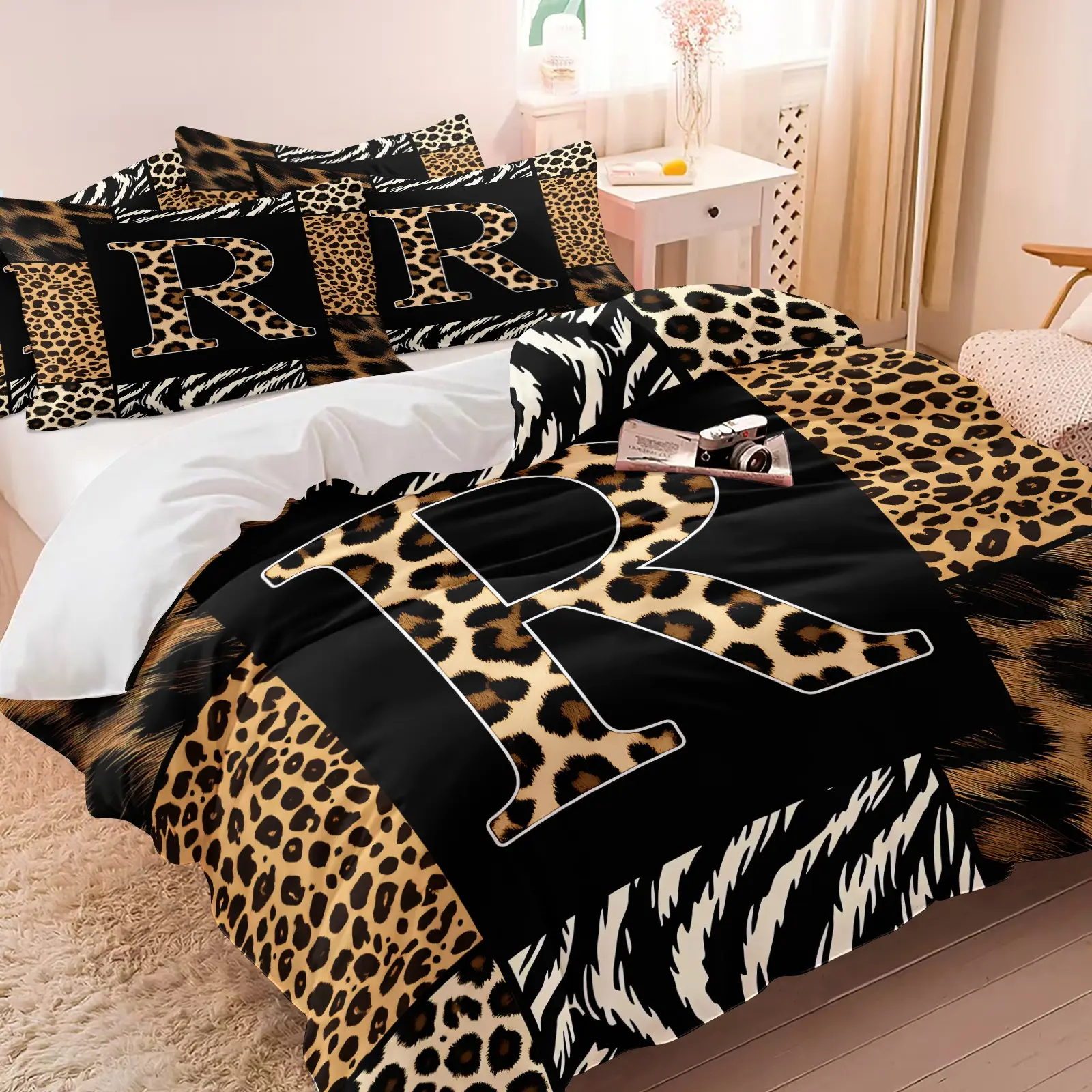 Monogram R Duvet Cover Set, Minimalist Black Animal Print, 1 Duvet Cover + 1/2 Pillowcases, No Filler, Sleek Leopard Patchwork With Zebra Details, Soft All Season Bedding For Modern Neutral Bedroom Decor