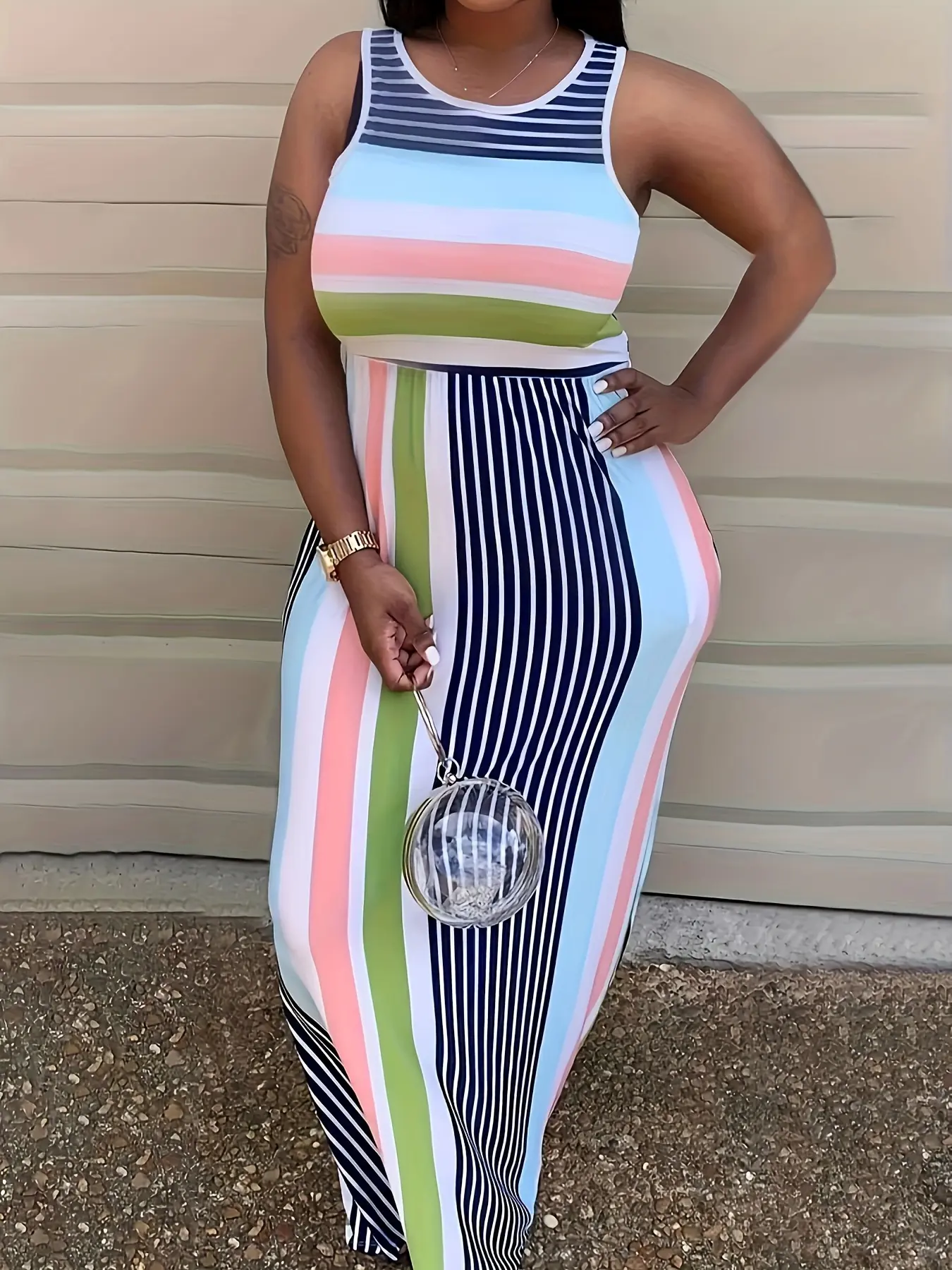 Summer Sleeveless Round Neck Striped Knit Dress, Fashion Print Street Style Sexy Bodycon Dress for Women, Trendy Casual Loose Fit, Casual Chic Dress, Casual Summer Sundresses