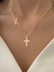 Women's Zircon Cross Initial Pendant Necklace, Letter Necklace, Stainless Steel Lip Chain Design, Elegant Jewelry Accessory for All Occasions