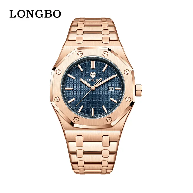 Women's Modern Octagonal Analog Fashion Watch with Blue Grid Dial, Rose Gold Finish and Sleek Metal Mesh Band, Analog Fashion Mechanical Watches, Blue Tone Mechanical Watches