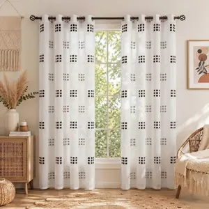 2 Pieces Modern Stretch Flat Weave Cut Flower Curtains, 52x84 In Grommet Top, 2-Tone 9-Grid Pattern, Breathable Hand Wash Only Window Drapes for Bedroom, Living Room Home Decoration CT278