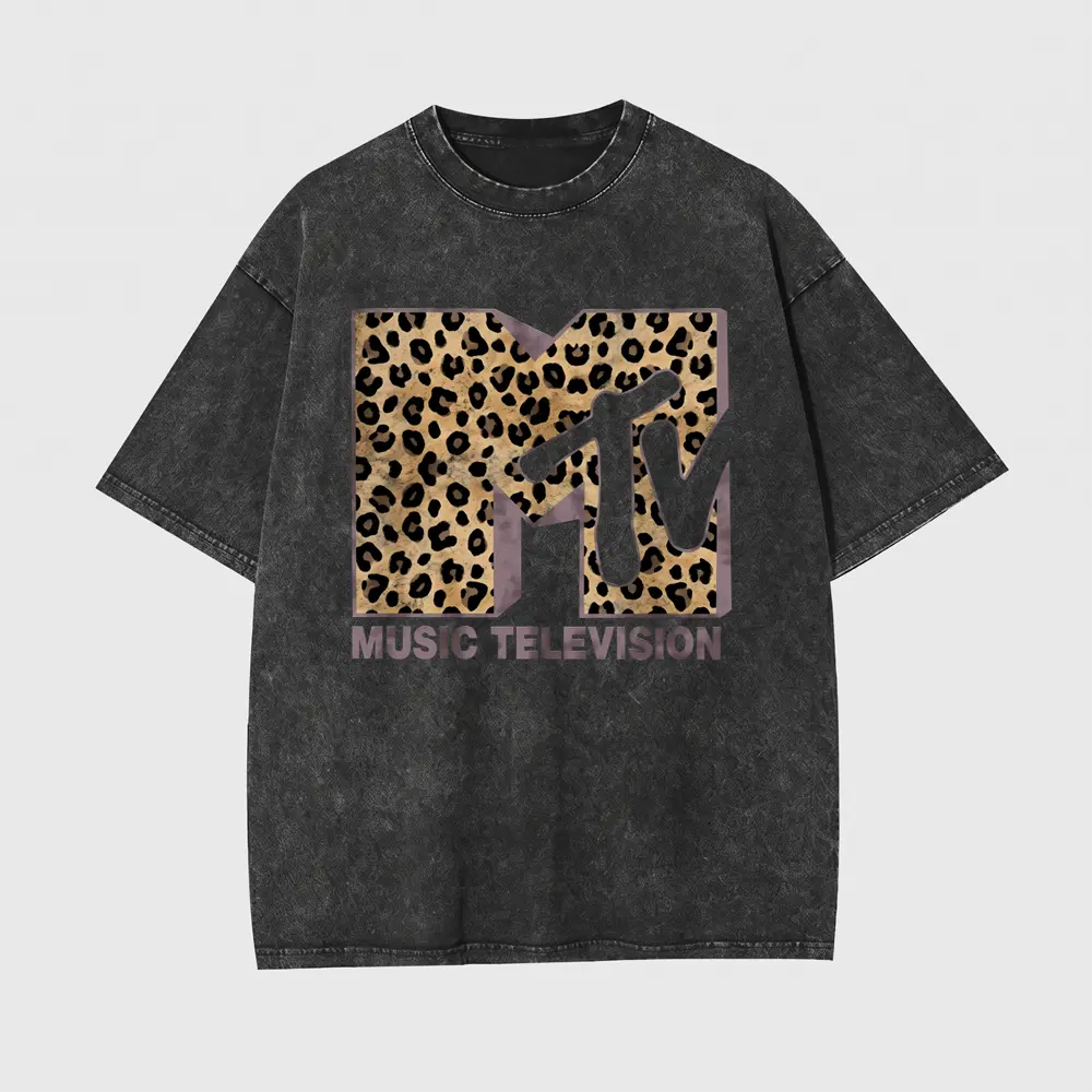 Menswear MTV Leopard Print Logo Vintage Graphic T-Shirt - 100% Cotton Fabric, Oversized Round Neck Short Sleeve, Vintage Washed Breathable Summer Top for Men, T Shirts for Women, 80s-90s Retro Music TV Casual Streetwear, Vintage Shirts, 90S Graphic Tees