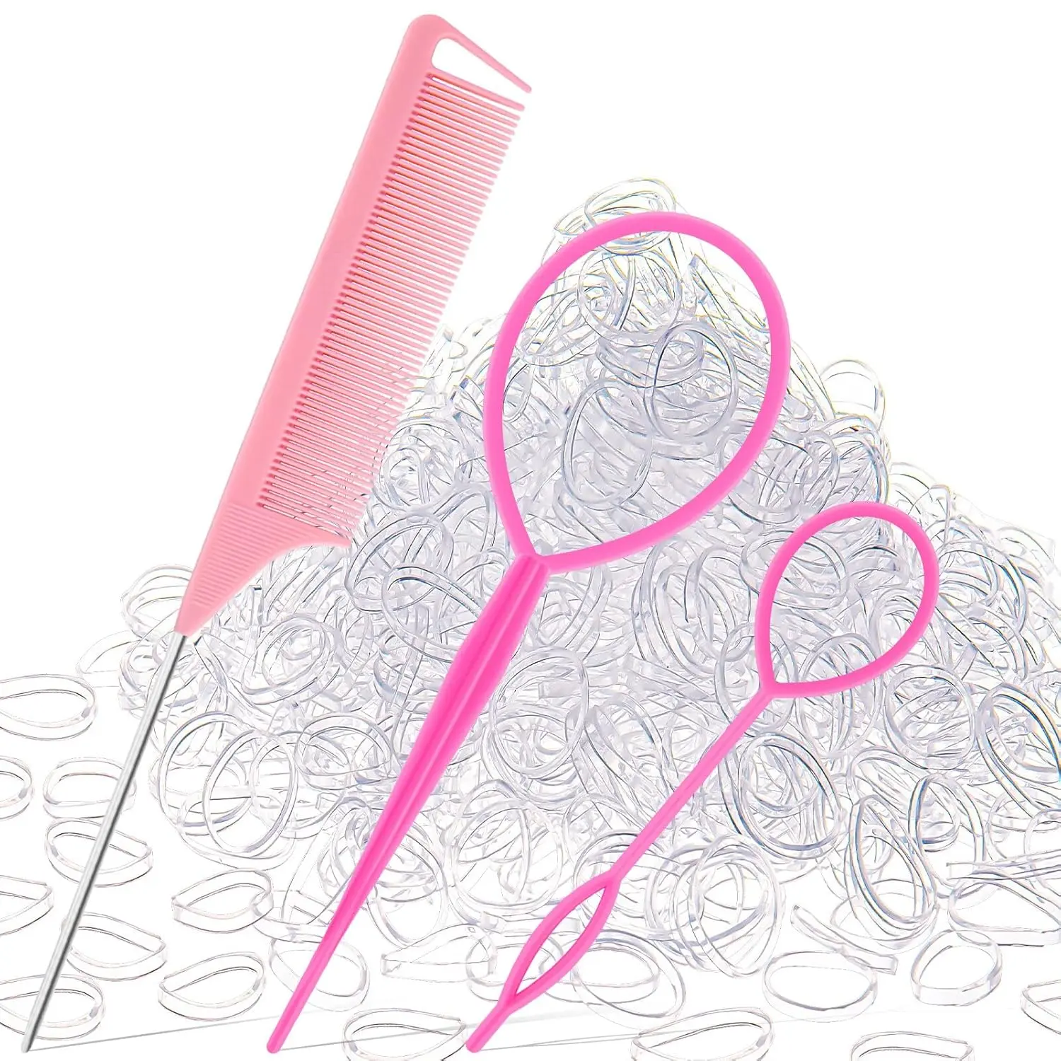 1000Pcs Soft Clear Elastic Hair Rubber Bands, 2pcs Pink French Braiding Tool & 1 Rat Tail Comb, High Elastic TPU for Girls & Women, Perfect for Styling & Braiding