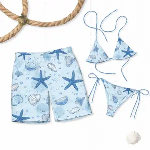 Summer Starfish & Seashell Bikini Set + Men’s Swim Trunks, Beachwear for Women & Men, Coastal Marine Swimwear, Vacation Essentials