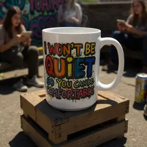 I Won’t Be Quiet Mug | 15oz Colorful Feminist Coffee Cup | Sublimated Ceramic Mug