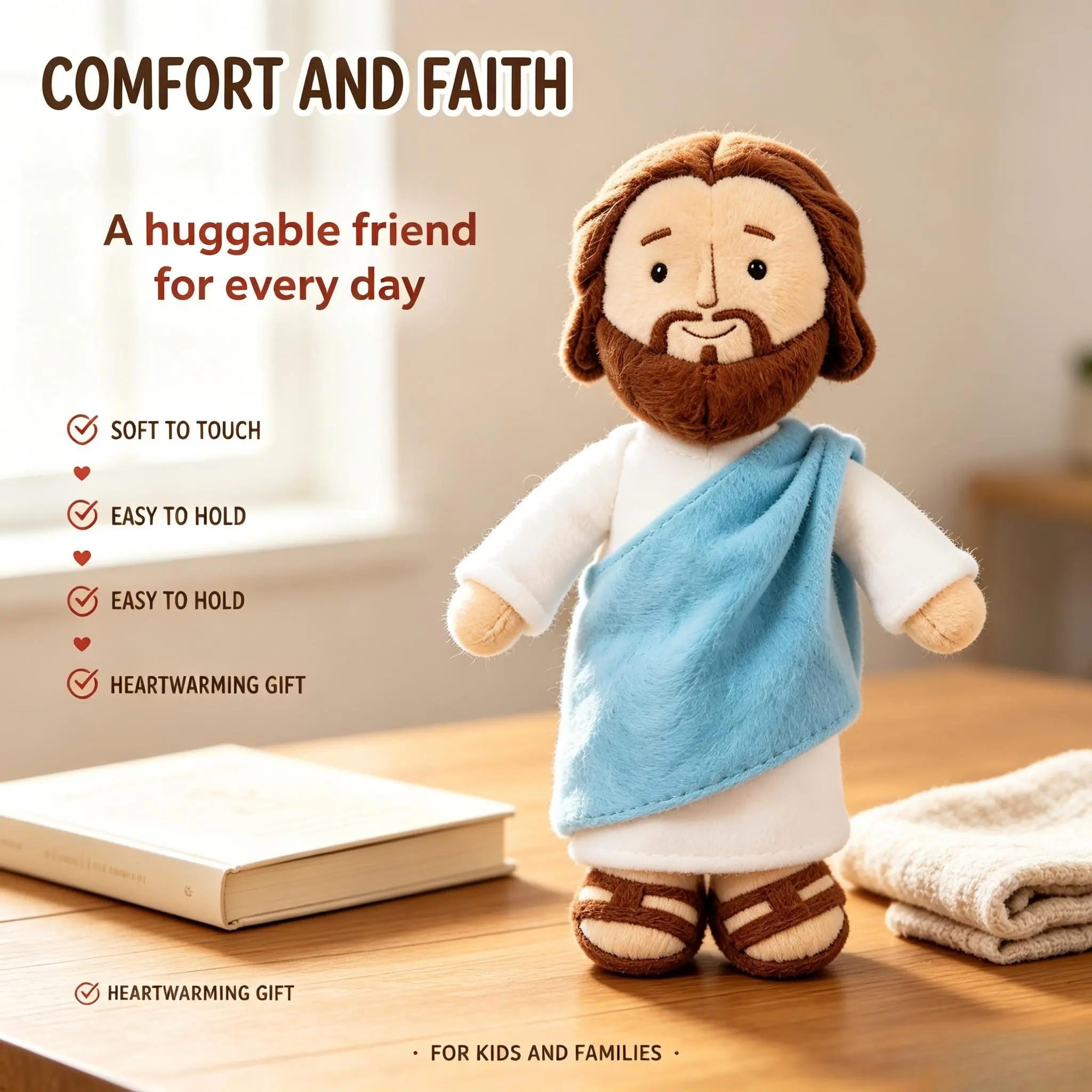 13in Huggable Collectible PP Cotton Fill Plush Doll, Soft Stuffed Jesus Figure with Embroidered Face, Religious Home Decor Ornament, Faith-Themed Gifts for Toddlers, Sunday School Bible Supplies