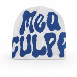 Taowave Y2K MEA Culpa Beanie Hat Graphic Knit Skull Cap for Women Gray & Blue Retro Aesthetics Modern Comfort Winter Hat