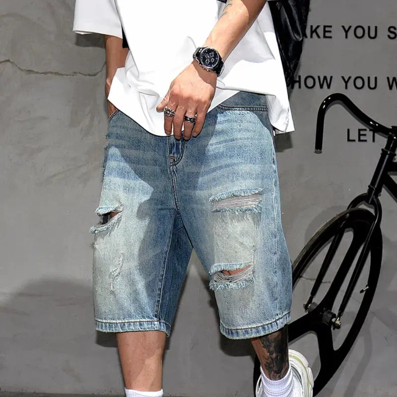 Men's Denim Jeans Light Wash Plain Summer Trendy 2026 New Fashion Versatile Streetwear Jeans Jorts Short Pants Loose Fit Ripped Mid-Thigh Shorts, Casual Button Fly Style