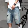 Men's Denim Jeans Light Wash Plain Summer Trendy 2026 New Fashion Versatile Streetwear Jeans Jorts Short Pants Loose Fit Ripped Mid-Thigh Shorts, Casual Button Fly Style