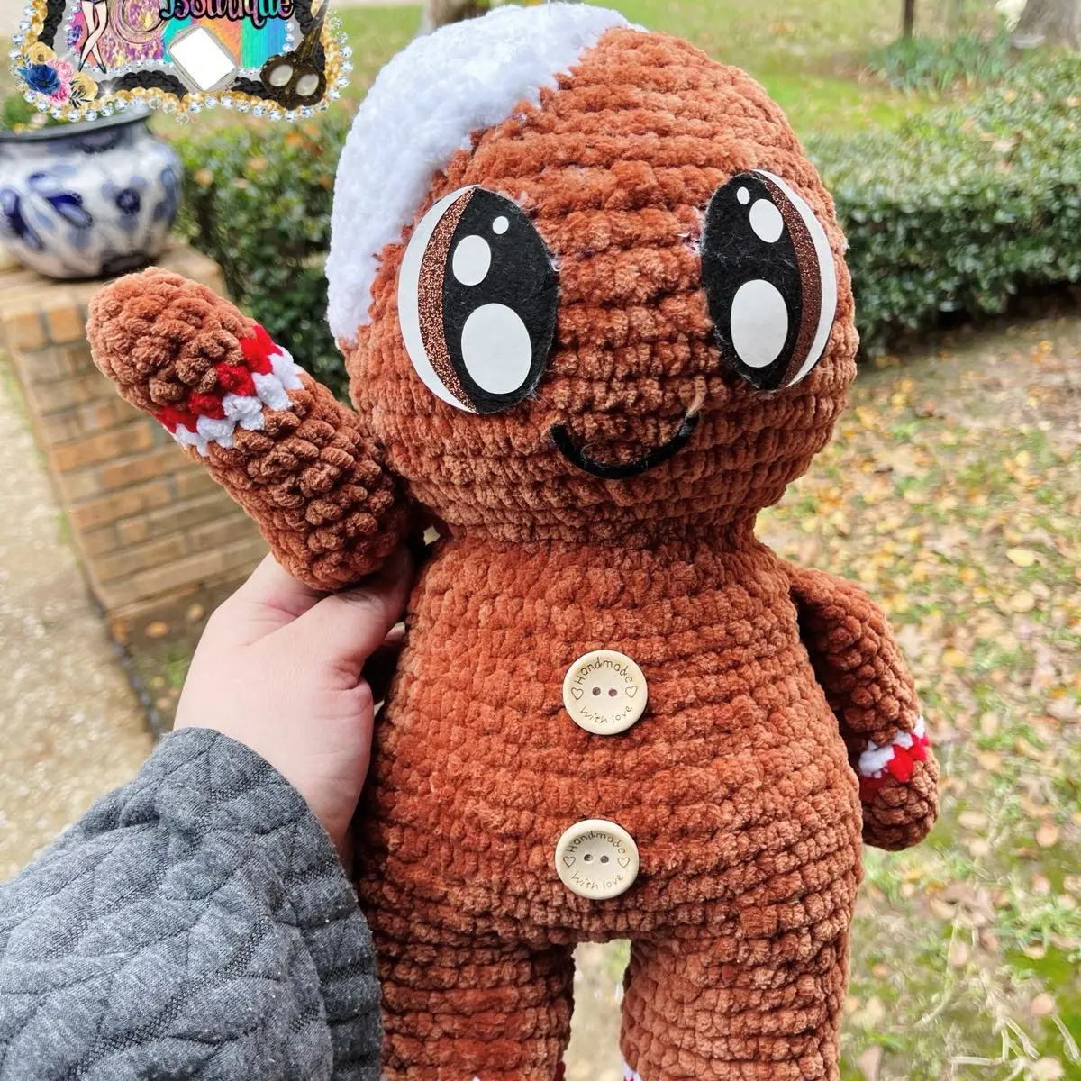 Big Crochet GingerBread Man with frosting Plushie, soft, big, large, huge, so soft, huggable, plush yarn, yarn, felt eyes, eyes, handmade
