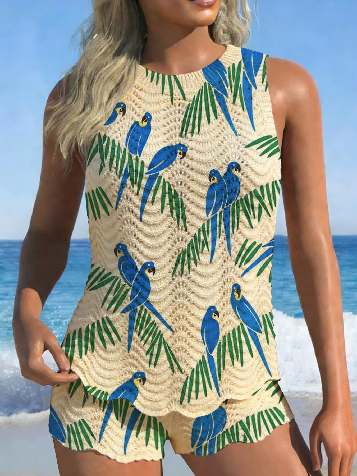 Women's Tropical Rainforest Style Parrot Palm Leaf Sweater Vest Set, Wave Texture Sleeveless Knit Top + Short Pants Two-Piece