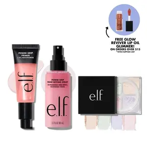 e.l.f. Prep, Set, Glow Trio - Grip Primer + Rosé Setting Spray + Brightening Powder Quad for Long-Lasting Radiance