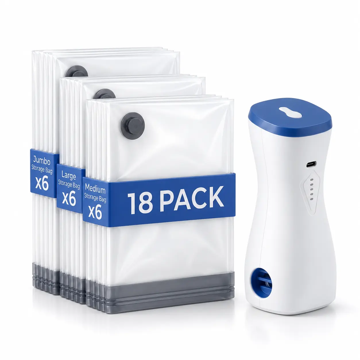 18 Pack Vacuum Bags for Travel with pump Vacuum Storage bags for clothing | Rechargeable Inflation & Deflation Dual Use Reusable Space Saver Bags cordless travel vacuum bag set for Luggage and Suitcase home organizer