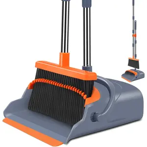 Upgrade Broom and Dustpan Set Self-Cleaning with Dustpan Teeth Gray Orange Stand Up Broom for Indoor Outdoor Sweeping Ideal for Pet Home Use Heavy Duty Bristles Eco-Friendly Easy Storage