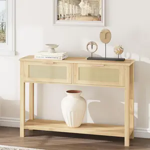 43'' Rattan Console Table with 2 Drawers, Narrow Entryway Table with Storage Shelf, Wooden Sofa Table for Living Room, EntrywayModern Boho Rattan & Wood Design: Blends natural woven rattan panels with a light oak wood finish for a warm, textured look. Thi