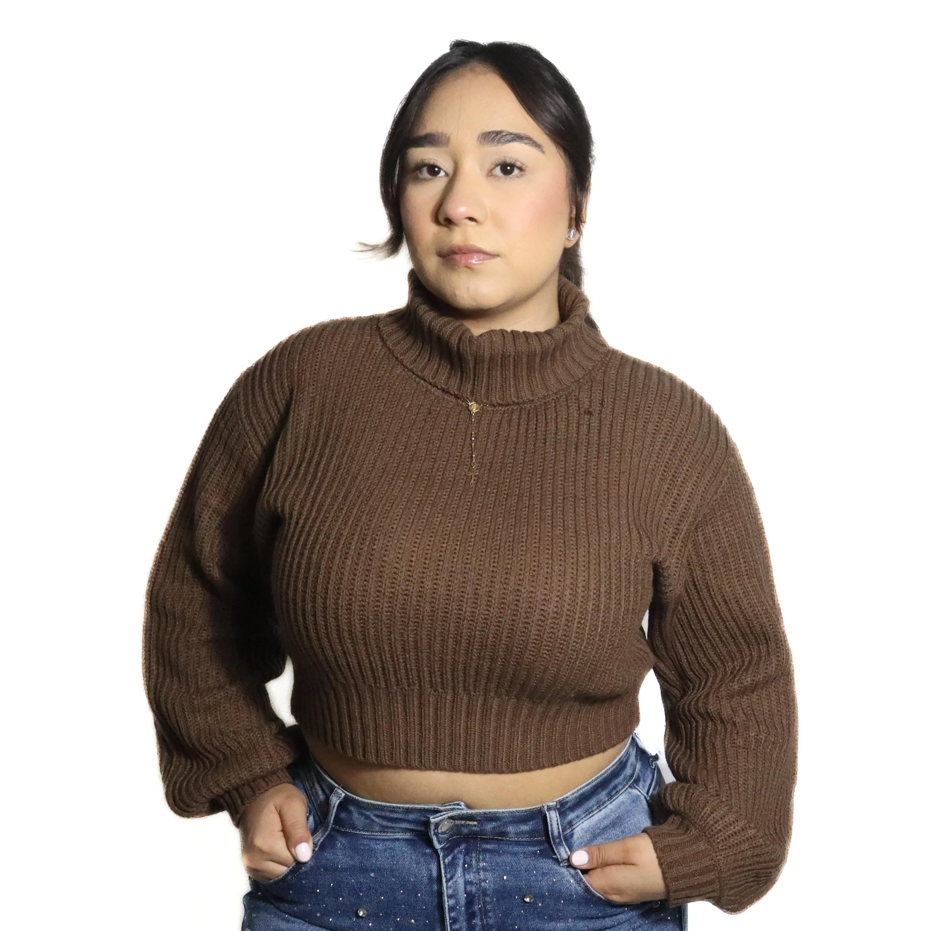 SW8222 - Knitted Cropped Turtle Neck Sweater - Brown