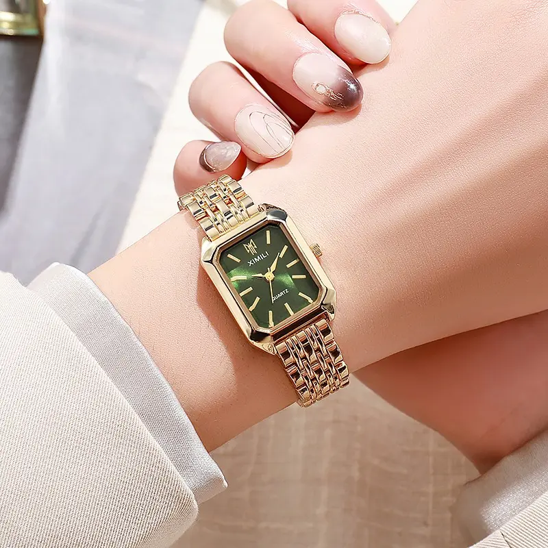 Green Dial Gold Square Watch for Women | Minimalist Luxury Bracelet Wristwatch