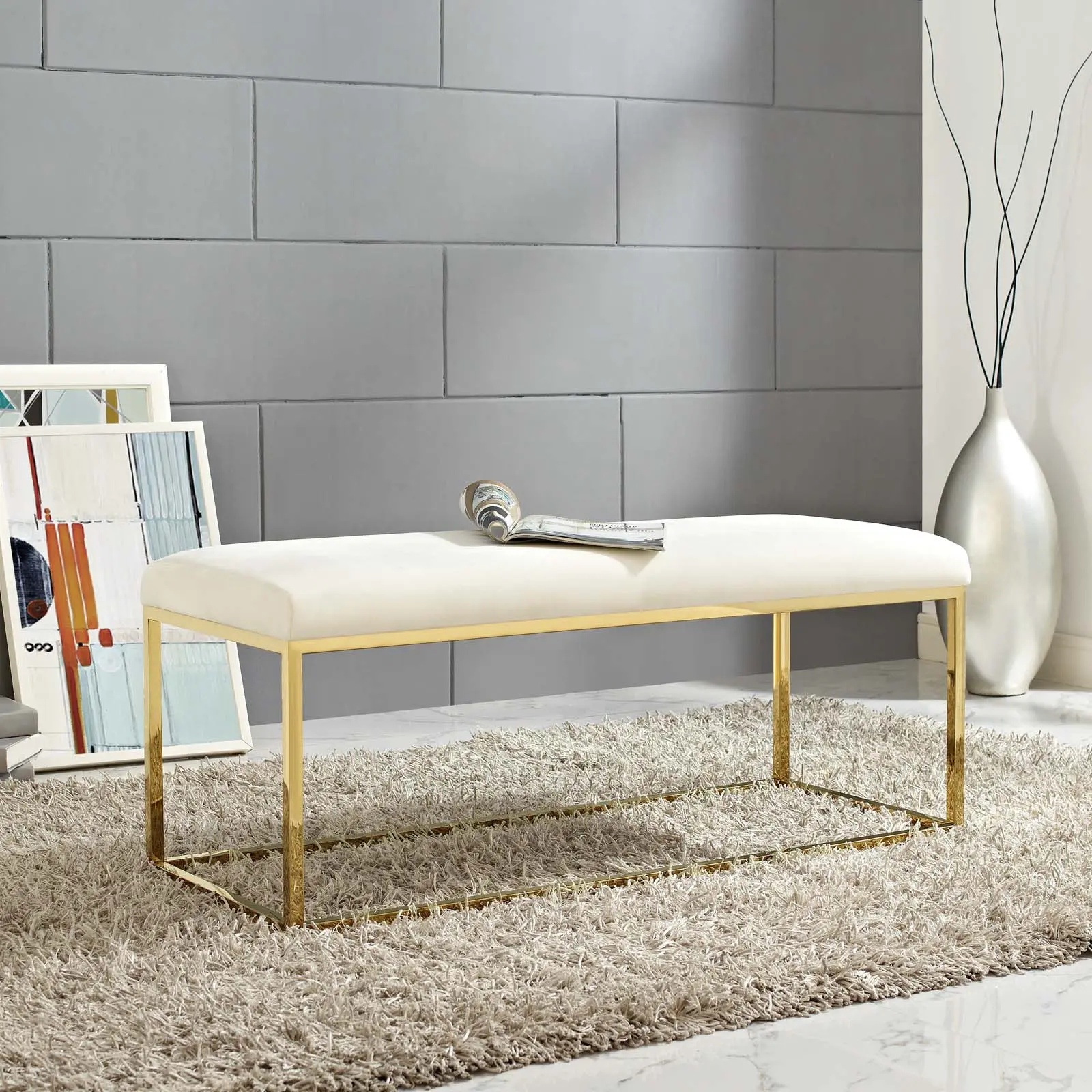 Modway Anticipate Fabric Bench in Gold Ivory