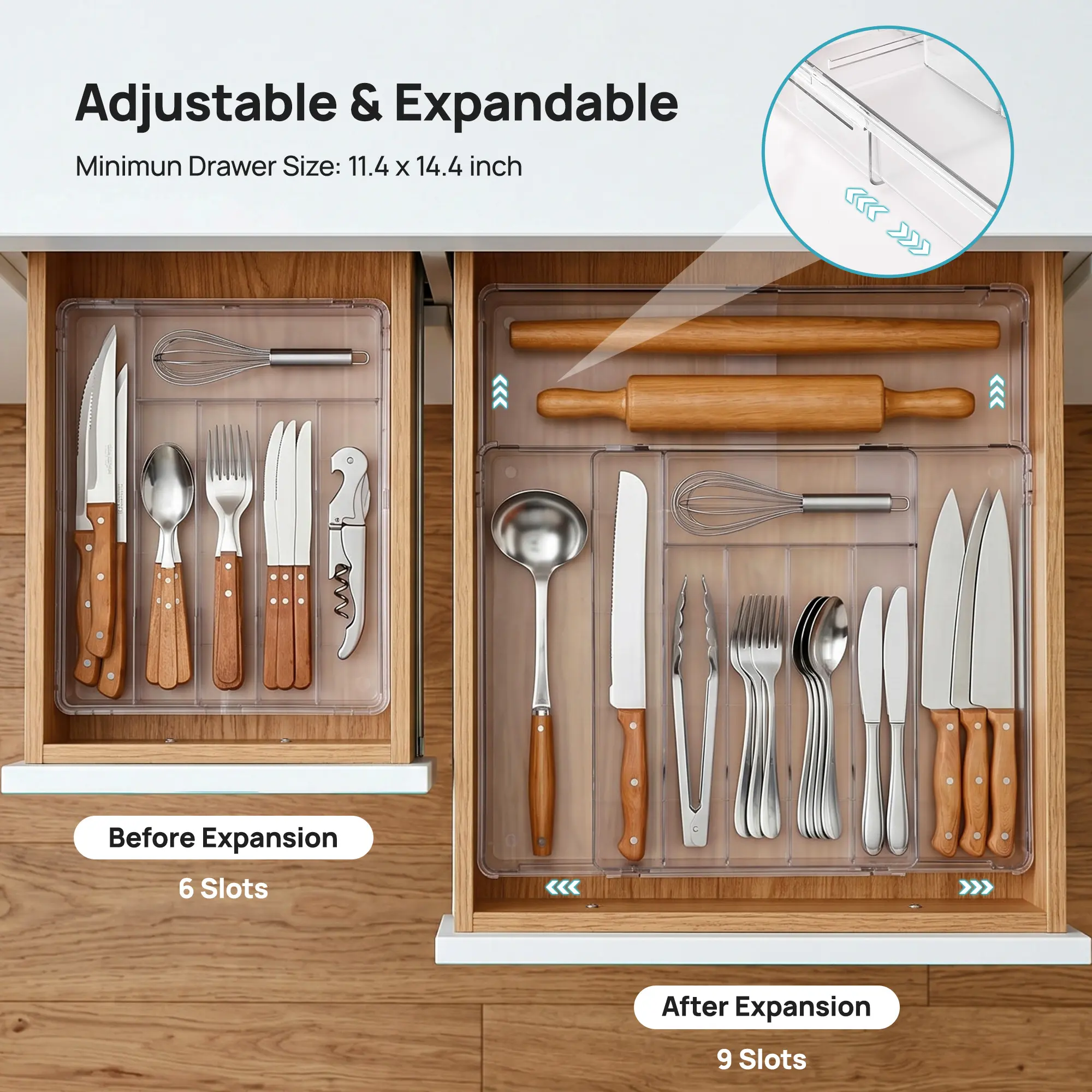 【Utensil Organizer】Vtopmart 1-2Pack Expandable Kitchen Utensil Drawer Organizer, Clear Plastic Food-Safe Cutlery Flatware Organizer, Adjustable Silverware Holder for Spoons Forks Knives, (6-9 Slots)